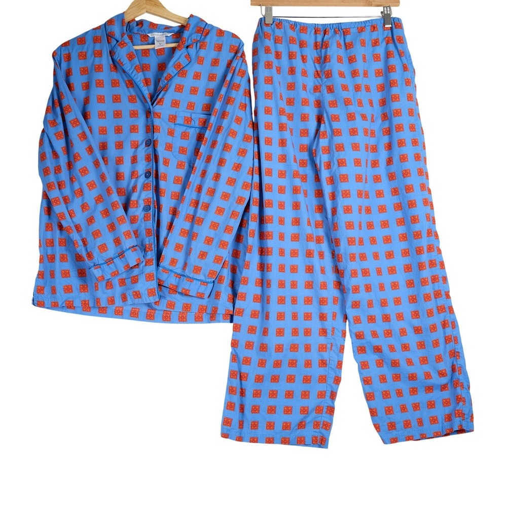Cuddledown Womens Blue Orange Cotton Pajama Set Geometric Tile Print Size M